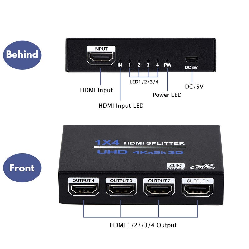 ENBUER 1x4 HDMI Splitter, 1 in 4 Out HDMI Splitter Audio Video Distributor Box Support 3D & 4K x 2K Compatible for HDTV, STB, DVD, PS3, Projector Etc, Duplicate/Mirror Screen Only (Not Extend) - Image 4